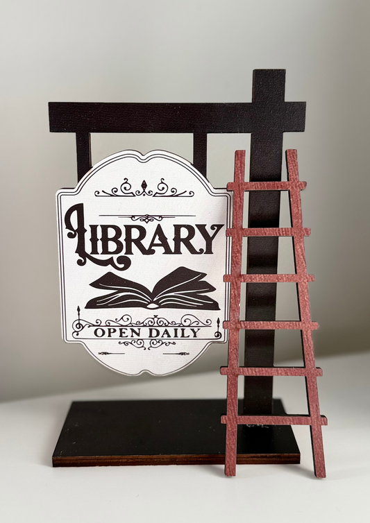 Library Book Sign - Wooden Bookshelf Sign