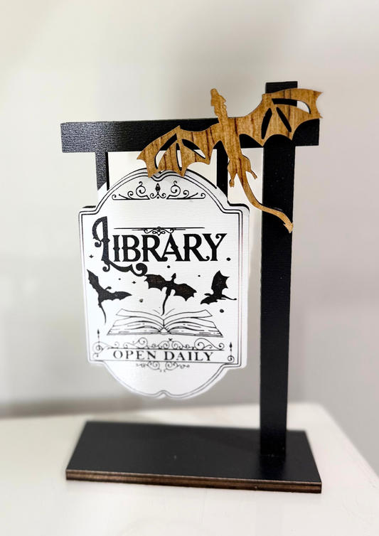 Dragon Library Book Sign - Wooden Bookshelf Sign