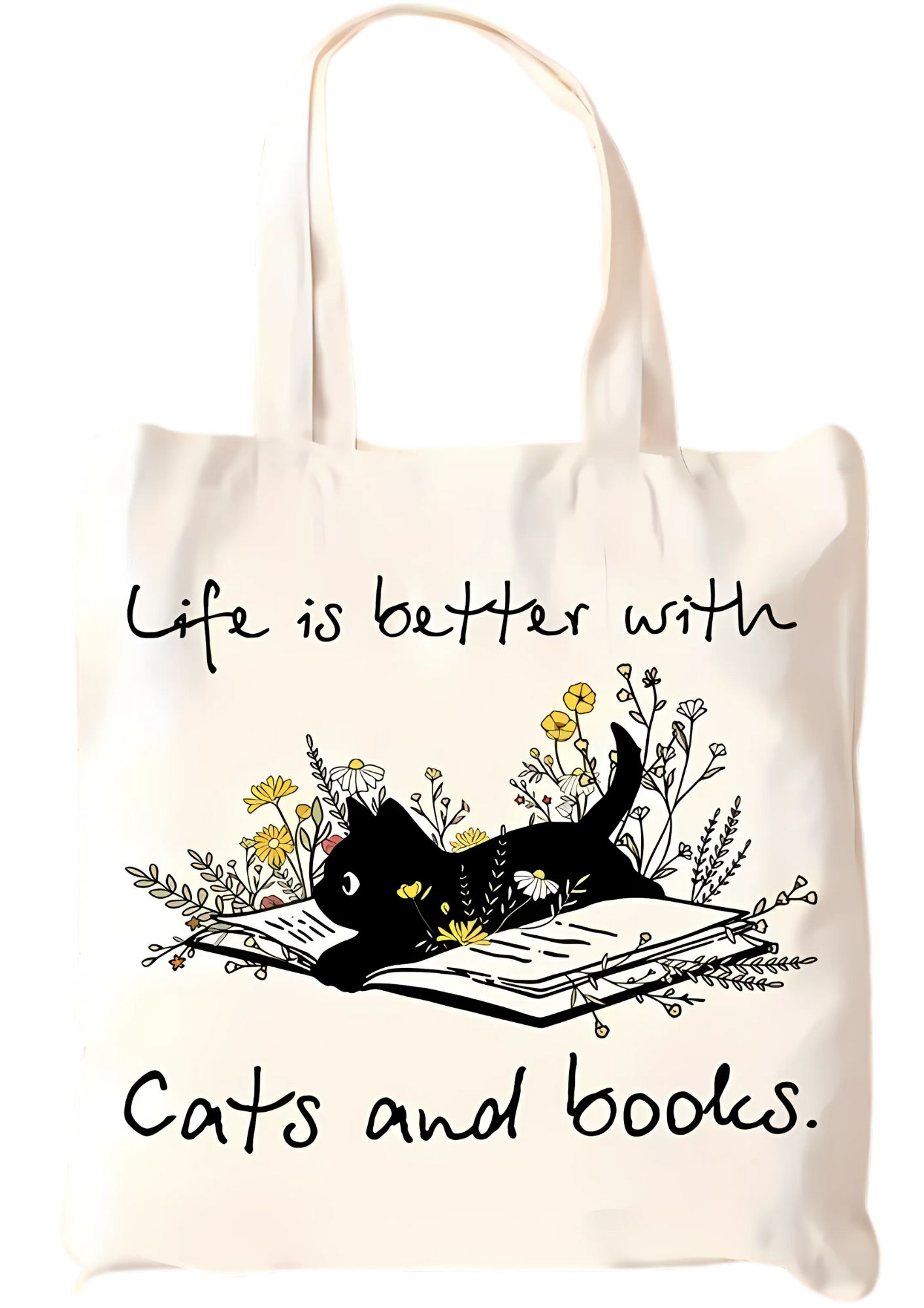 Cat & Books Canvas Tote Bag