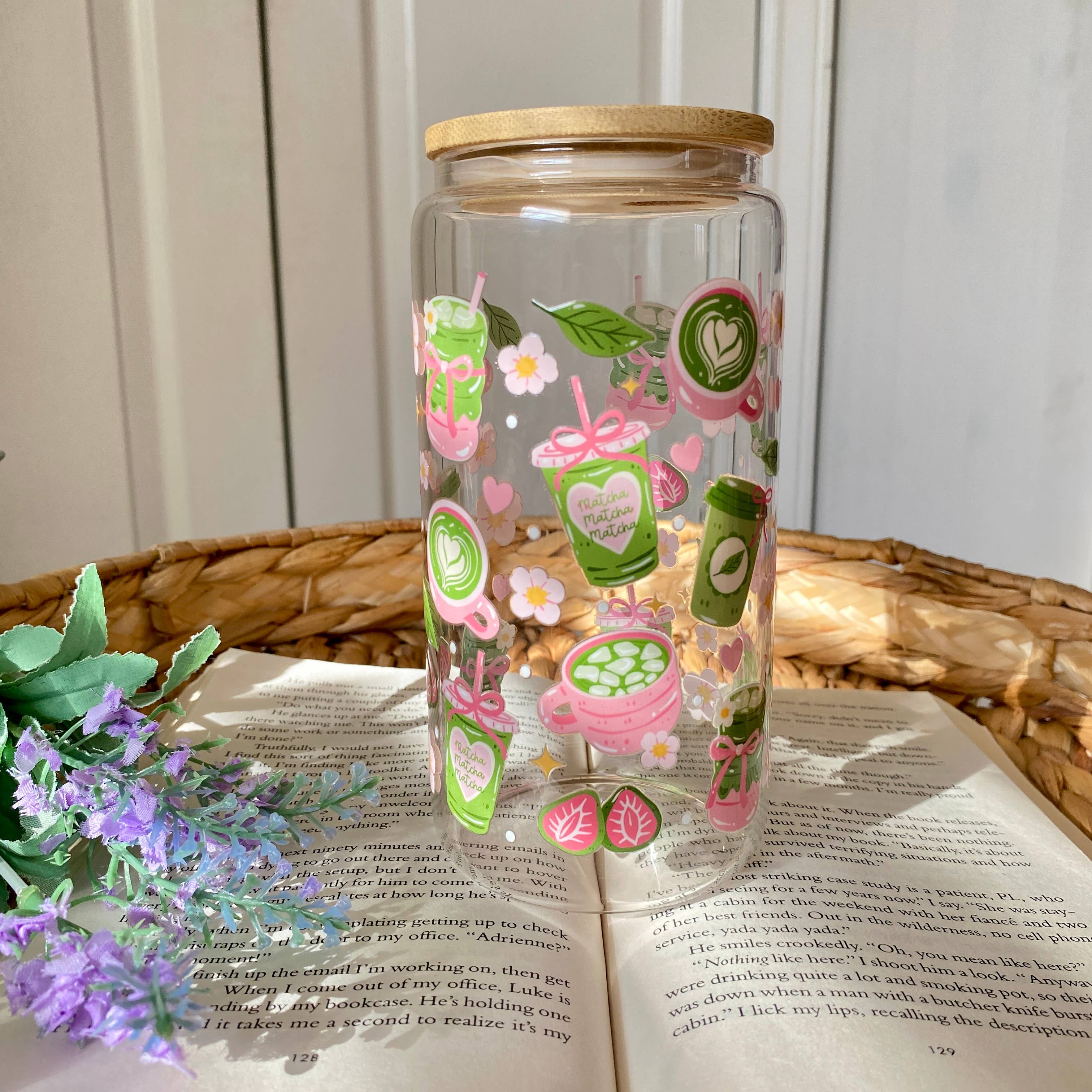 Matcha Cute Mug Iced Coffee Glass Cup with Lid and Straw