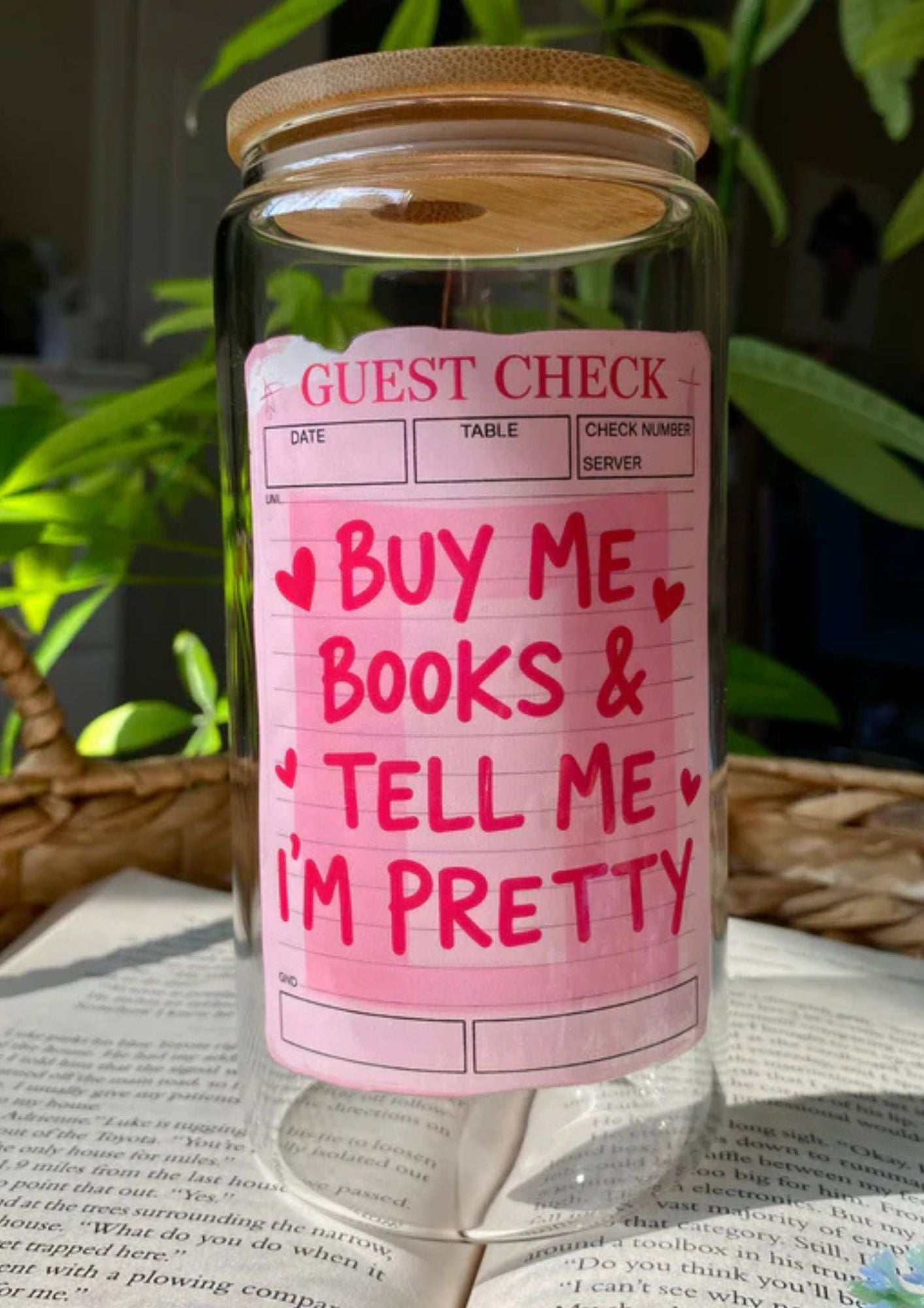 Bookish Buy Books Iced Coffee Glass Cup with Lid and Straw