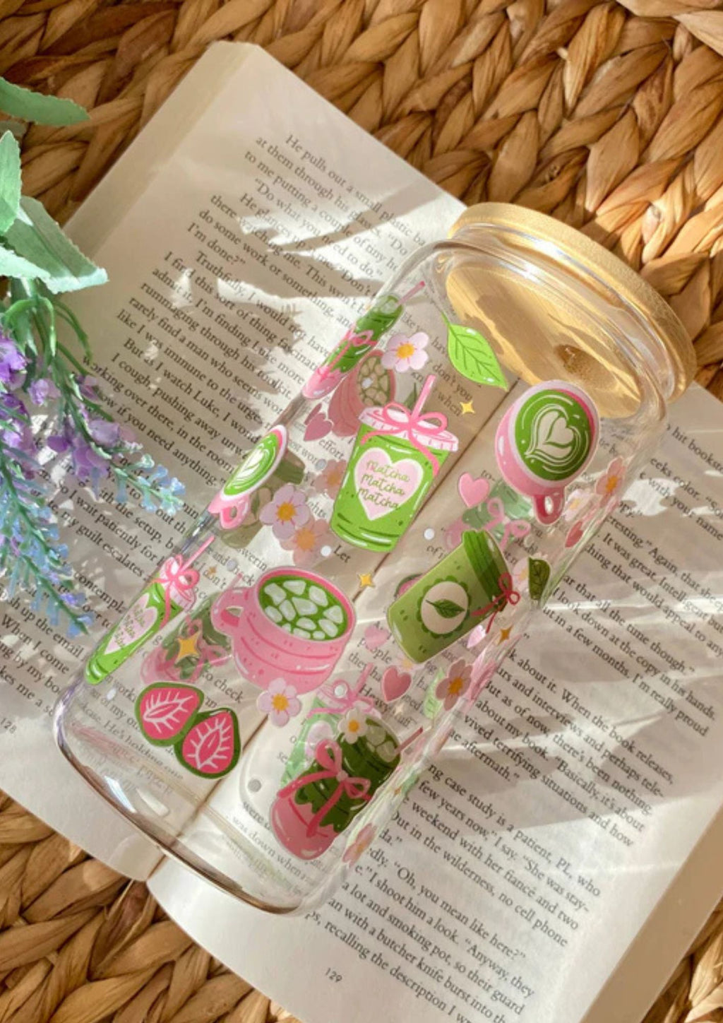 Matcha Cute Mug Iced Coffee Glass Cup with Lid and Straw