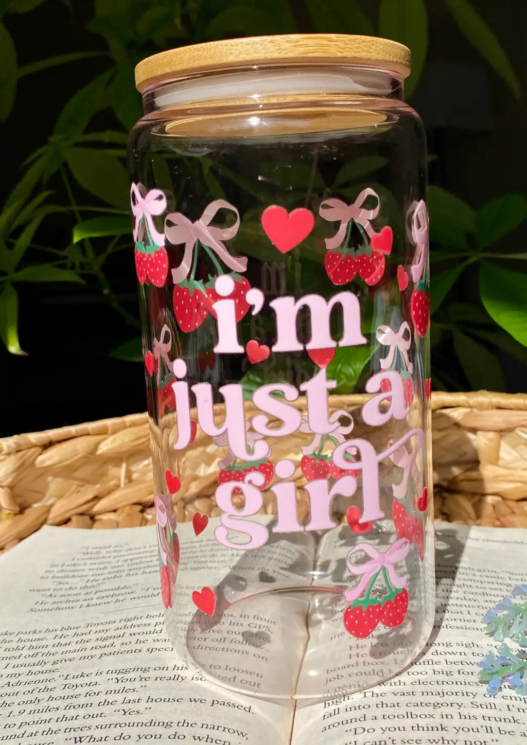Strawberry Bows Girl Iced Coffee Glass Cup with Lid and Straw