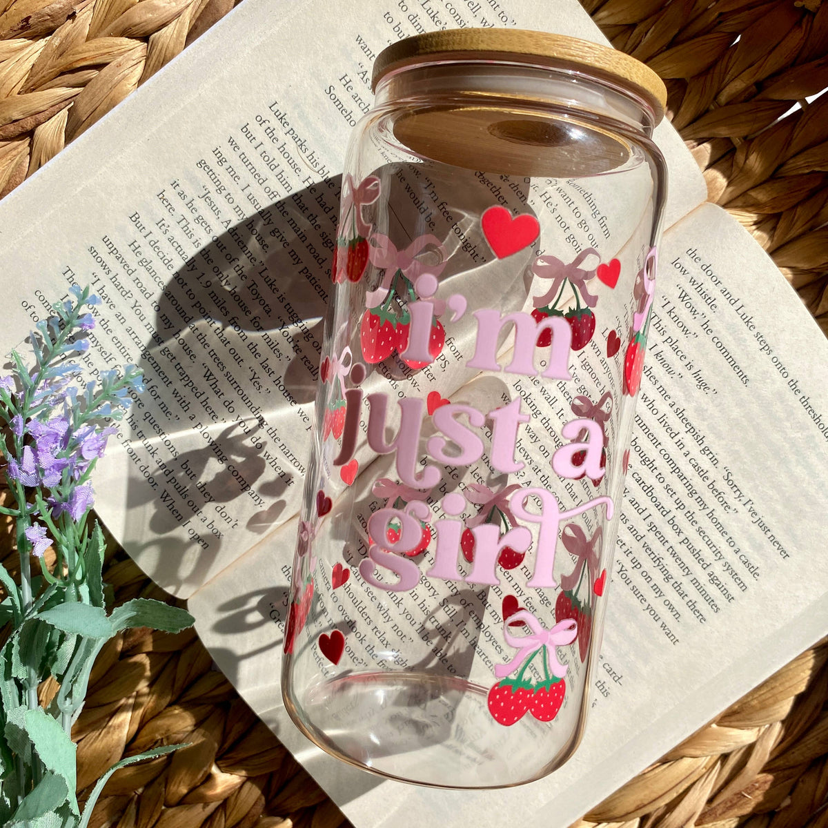 Strawberry Bows Girl Iced Coffee Glass Cup with Lid and Straw