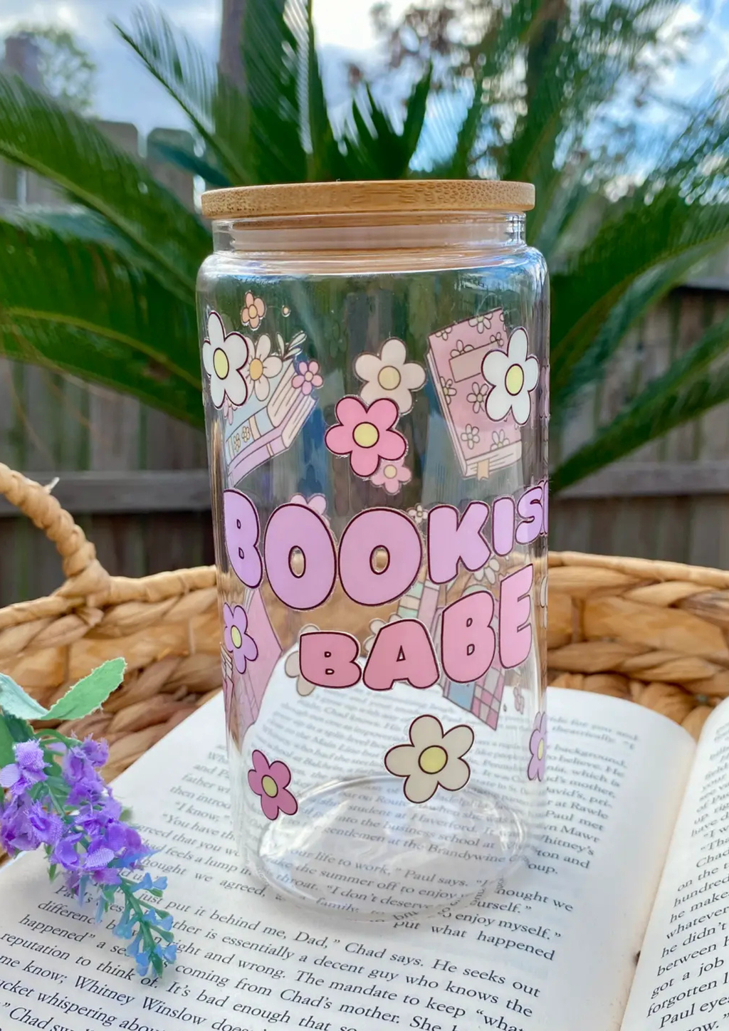 Bookish Babe Iced Coffee Glass Cup with Lid and Straw