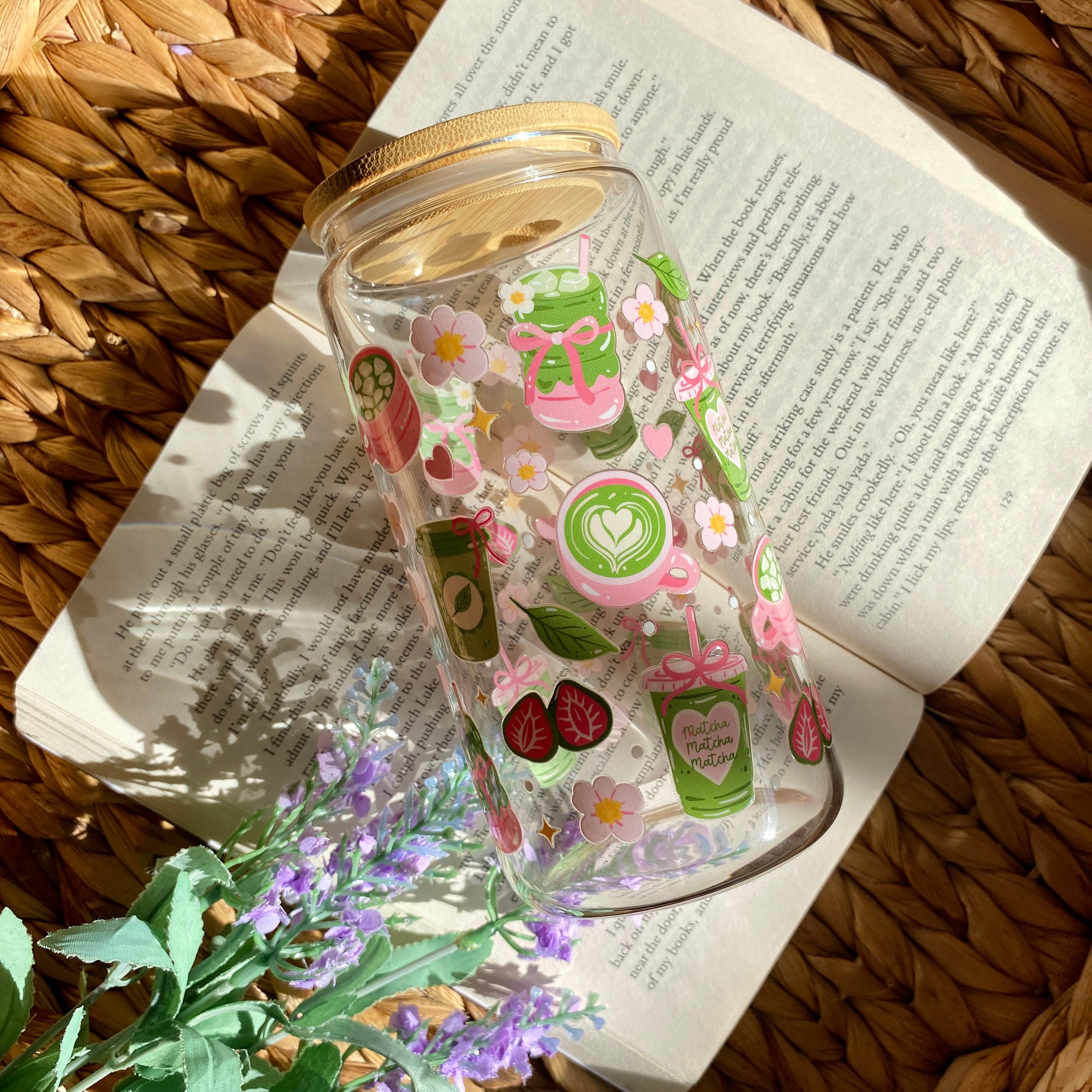 Matcha Cute Mug Iced Coffee Glass Cup with Lid and Straw