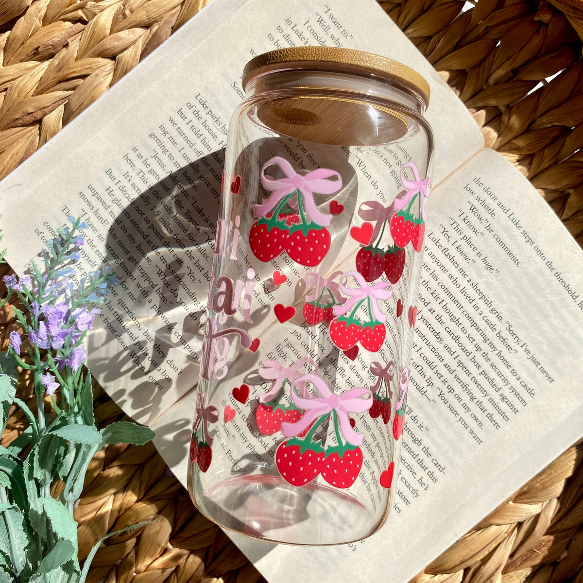 Strawberry Bows Girl Iced Coffee Glass Cup with Lid and Straw