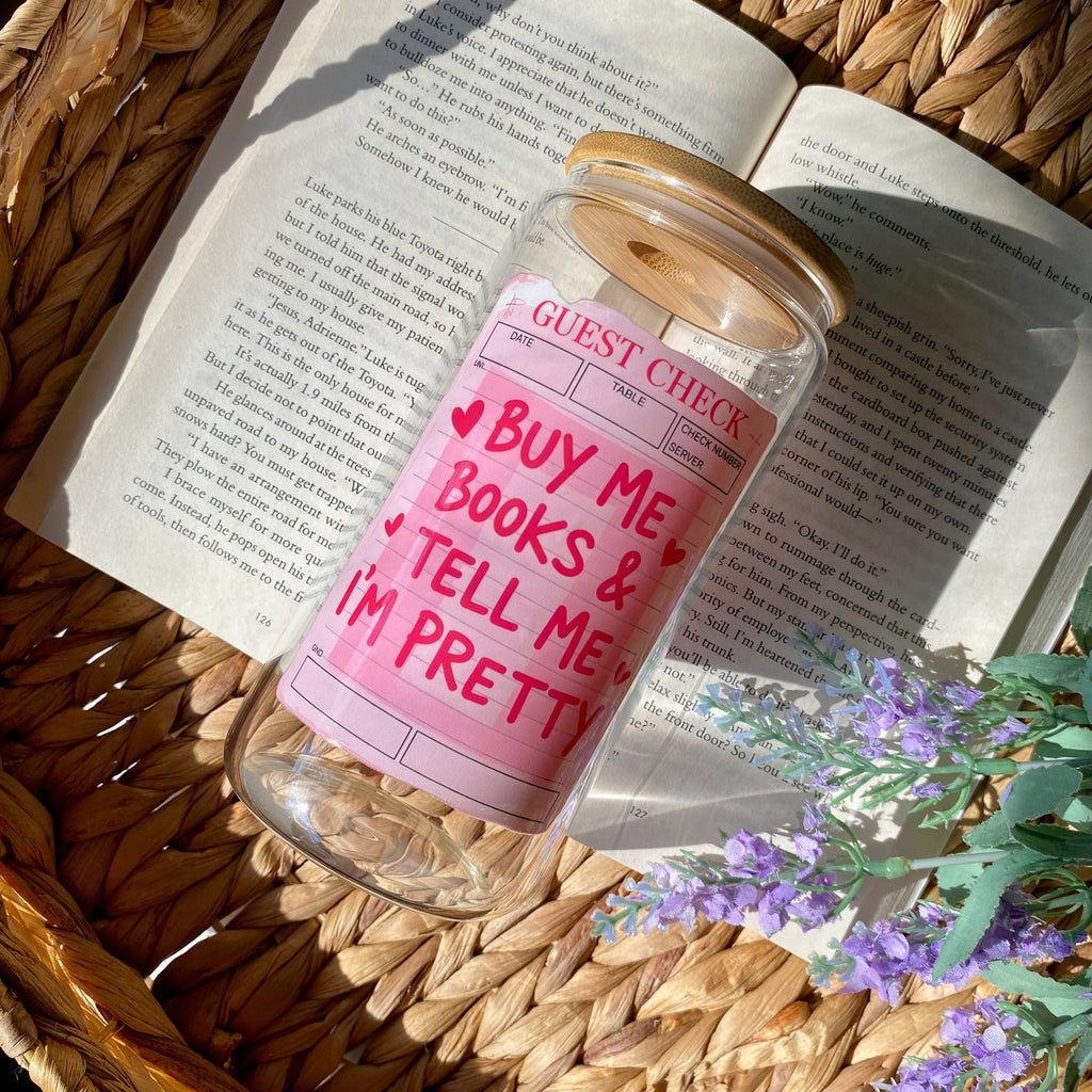 Bookish Buy Books Iced Coffee Glass Cup with Lid and Straw
