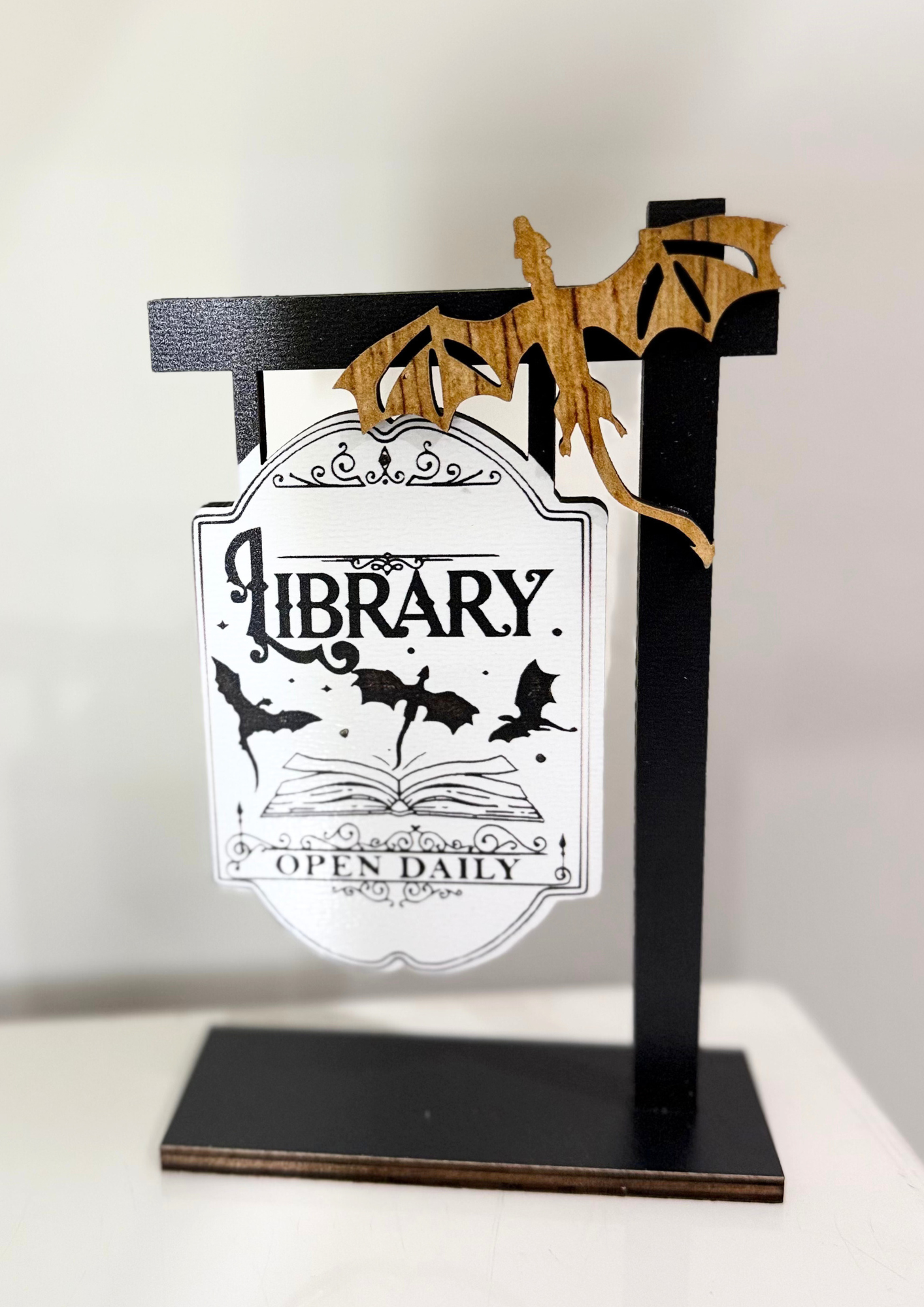 Rpg Library Sign Dragon Library Book Sign - Wooden Bookshelf Sign – Trilogyofromance