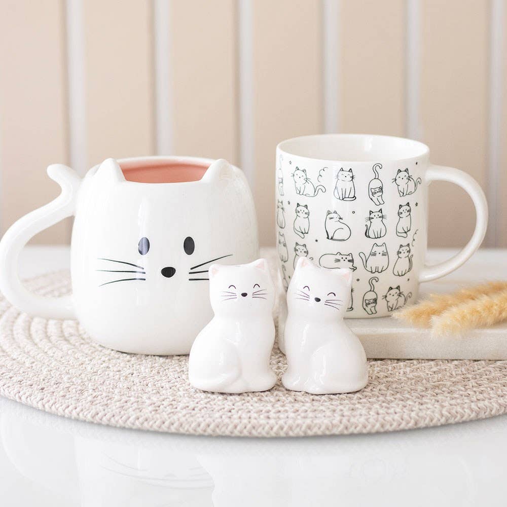 White Happy Cat Print Ceramic Mug